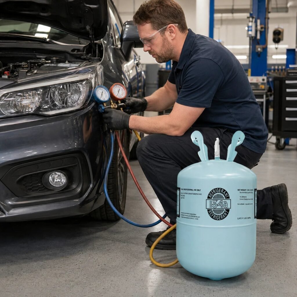 Technician charging a system with R-134a