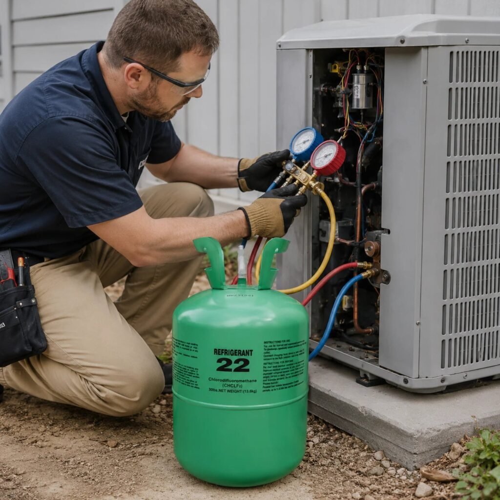 Technician charging a system with R-22