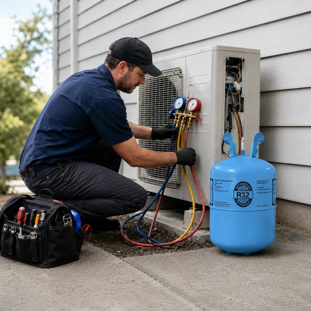 Technician charging a system with R-32