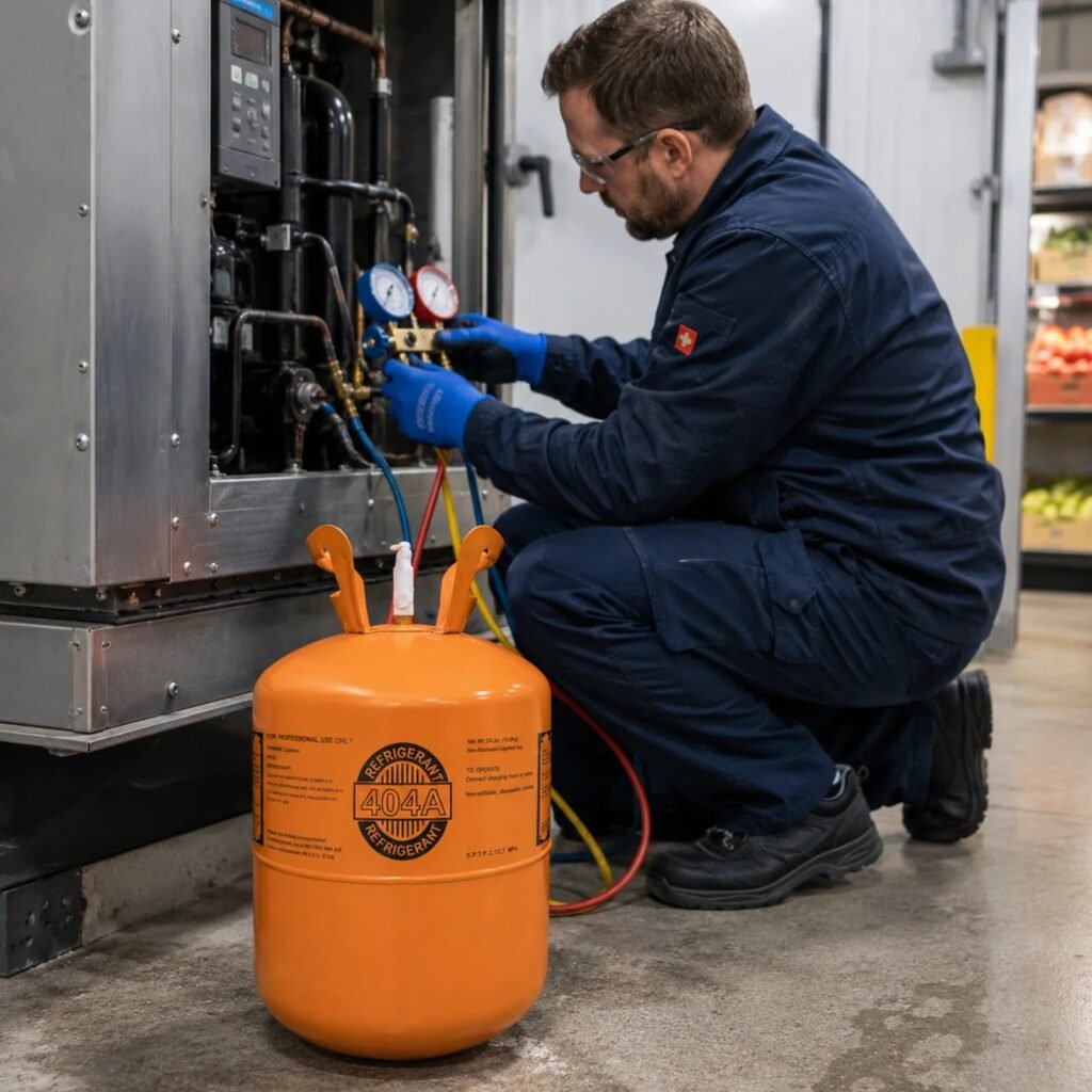 Technician charging a system with R-404A