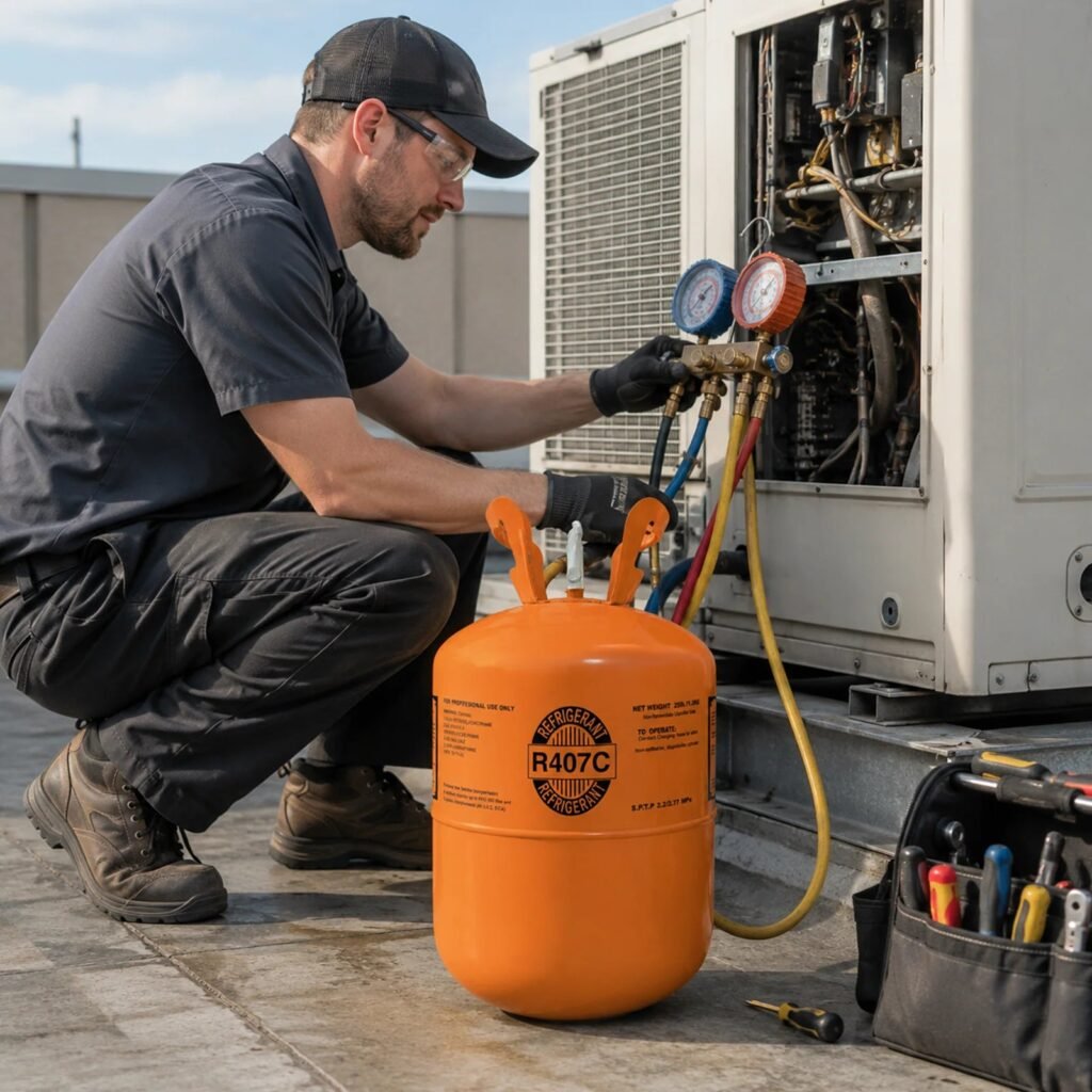Technician charging a system with R-407C