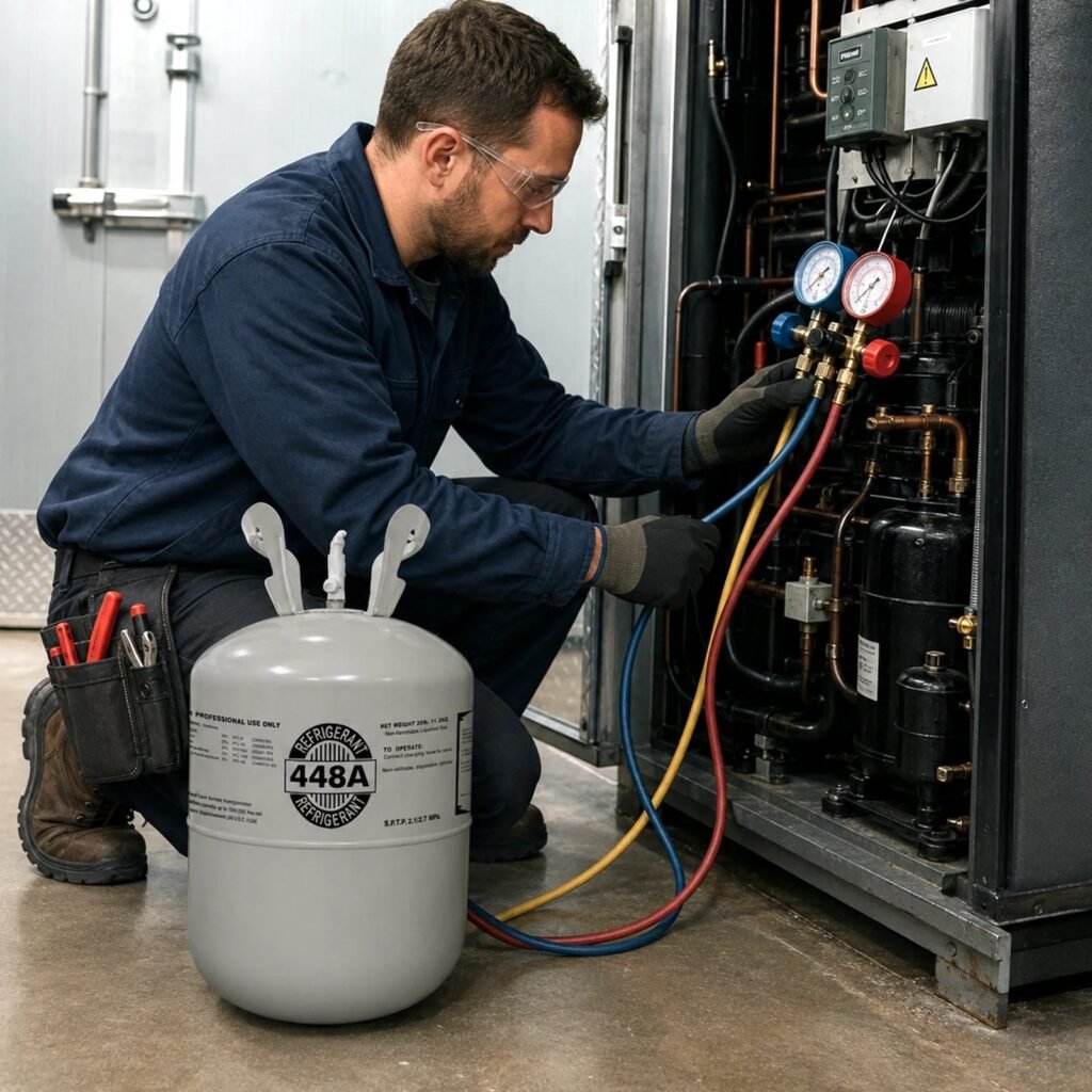Technician charging a system with R-448A