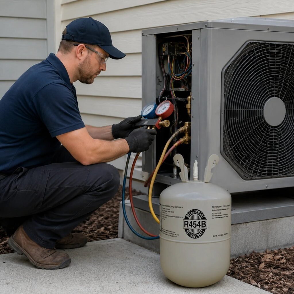Technician charging a system with R-454B